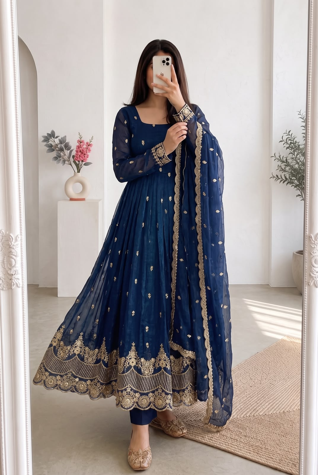 Premium Navy Blue Heavy Crunchy Silk Embroidered Gown with Pant & Matching Dupatta for Women