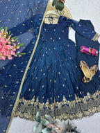 Premium Navy Blue Heavy Crunchy Silk Embroidered Gown with Pant & Matching Dupatta for Women