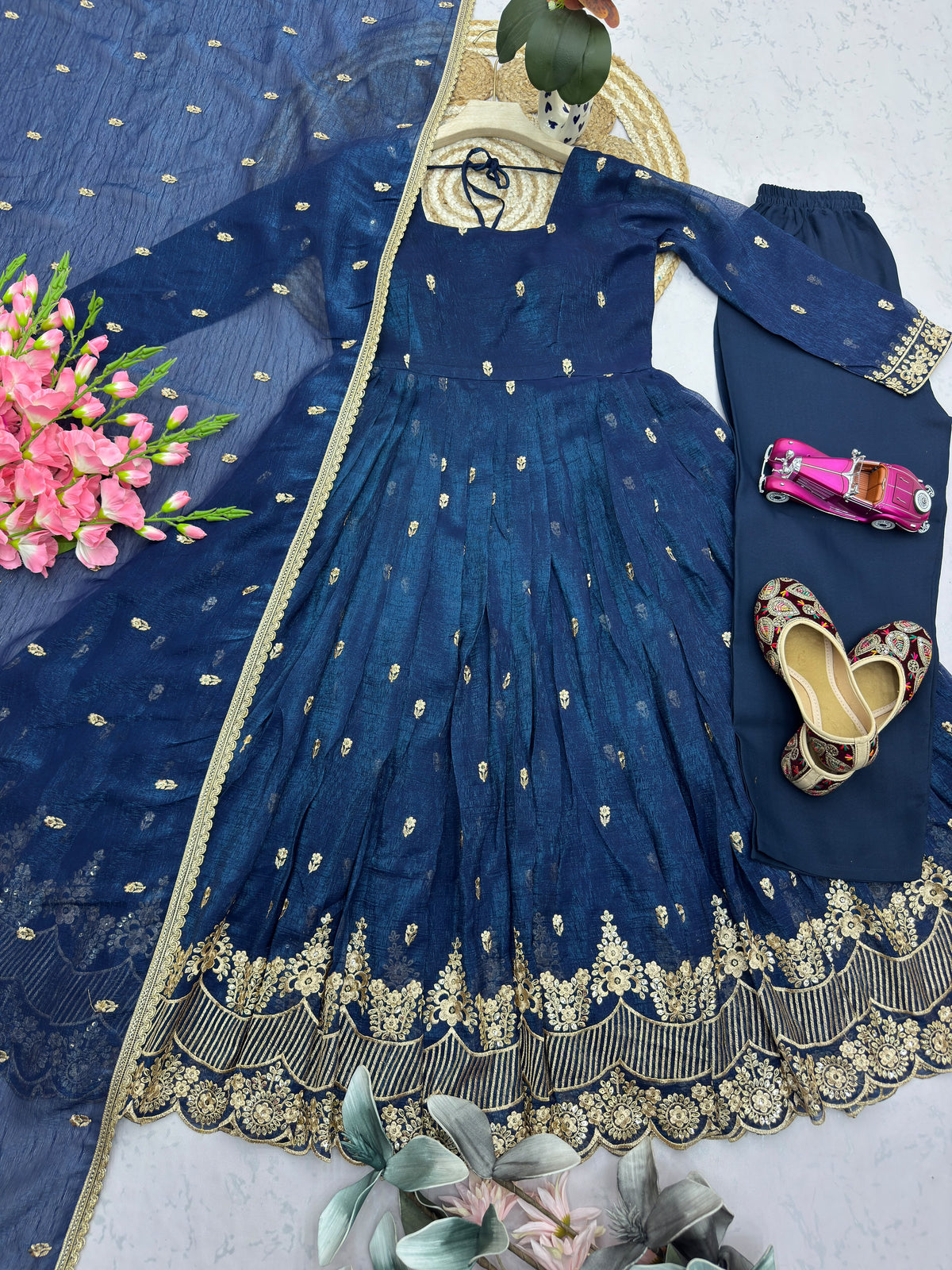 Premium Navy Blue Heavy Crunchy Silk Embroidered Gown with Pant & Matching Dupatta for Women