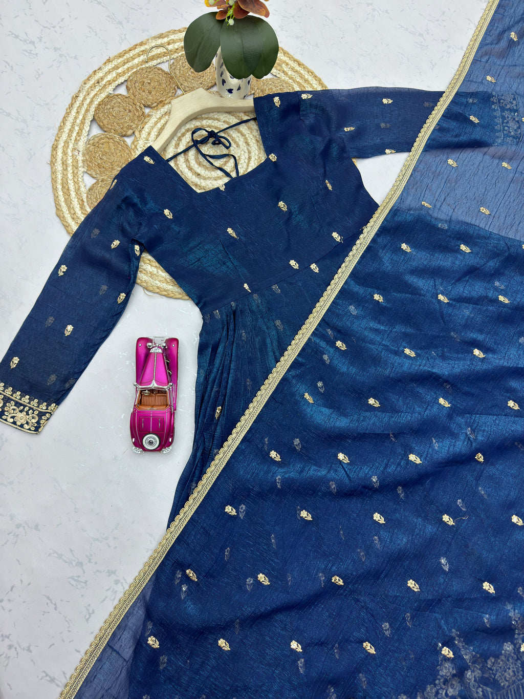 Premium Navy Blue Heavy Crunchy Silk Embroidered Gown with Pant & Matching Dupatta for Women