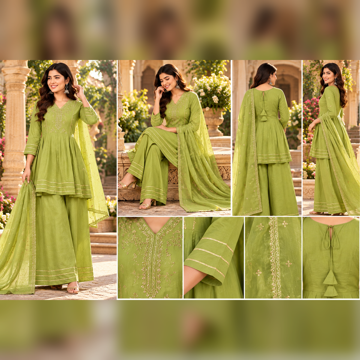 Premium Pista Green Soft Crunchy Silk Embroidered Kurta Palazzo Set with Dupatta for Women