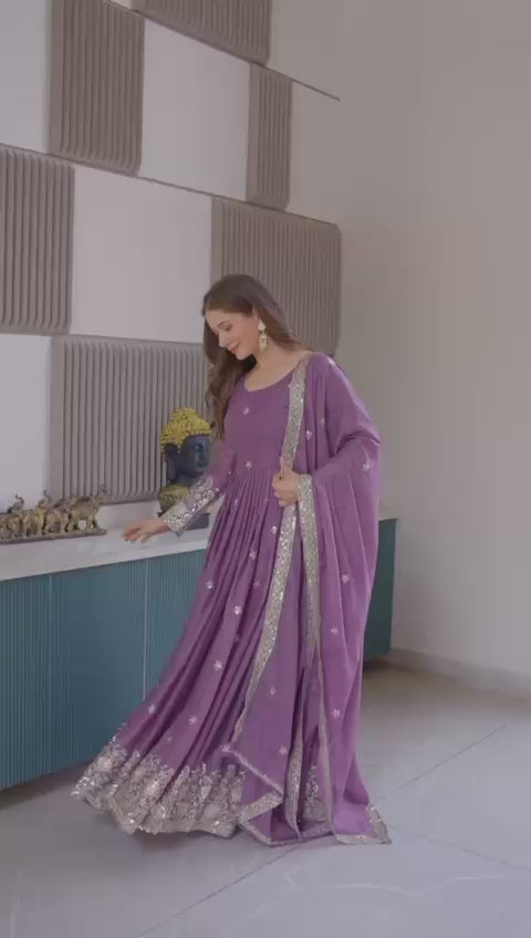 Premium Purple Heavy Diamond Silk Embroidered Gown with Sequins Work & Matching Dupatta for Women