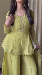 Premium Pista Green Soft Crunchy Silk Embroidered Kurta Palazzo Set with Dupatta for Women