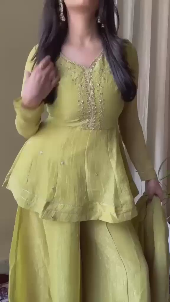 Premium Pista Green Soft Crunchy Silk Embroidered Kurta Palazzo Set with Dupatta for Women