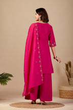 Rani Pink Peacock Embroidered Kurta Set with Dupatta for Women | Festive & Party Wear Ethnic Wear