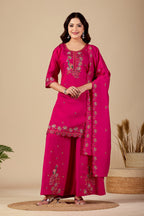Rani Pink Peacock Embroidered Kurta Set with Dupatta for Women | Festive & Party Wear Ethnic Wear