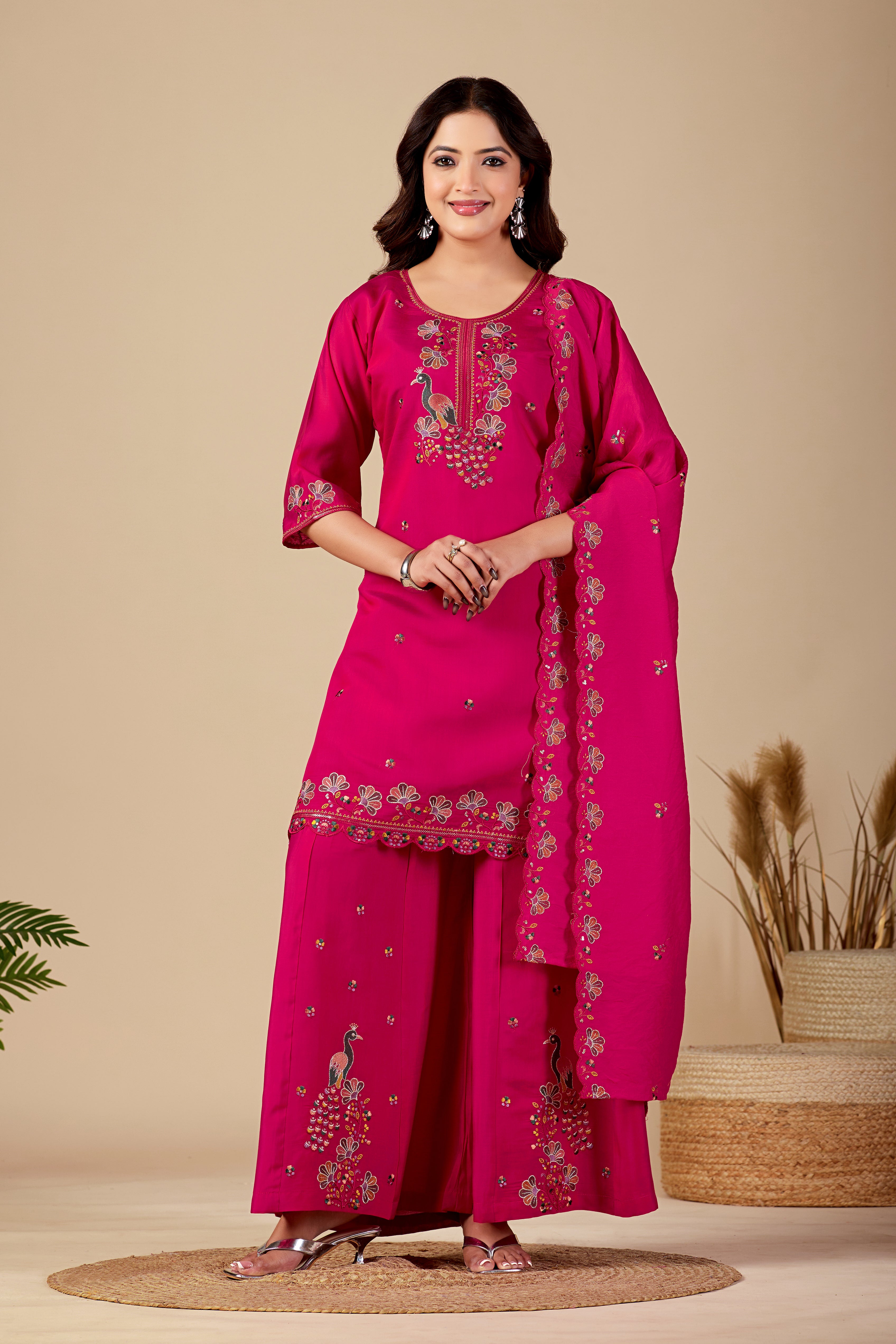 Rani Pink Peacock Embroidered Kurta Set with Dupatta for Women | Festive & Party Wear Ethnic Wear