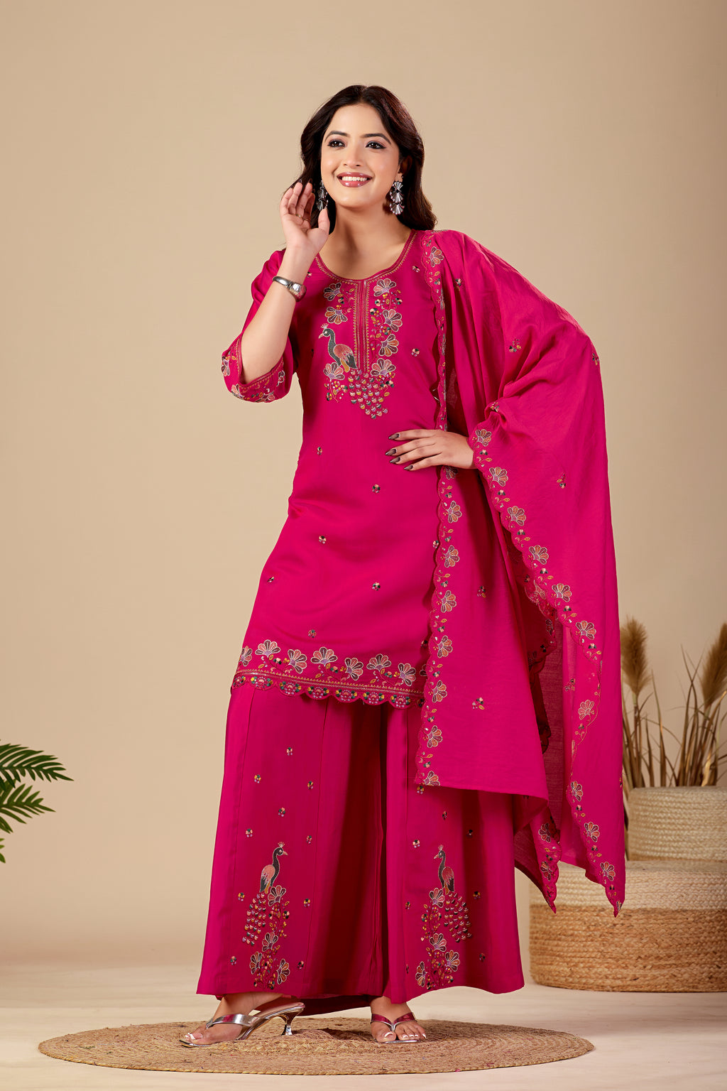 Rani Pink Peacock Embroidered Kurta Set with Dupatta for Women | Festive & Party Wear Ethnic Wear