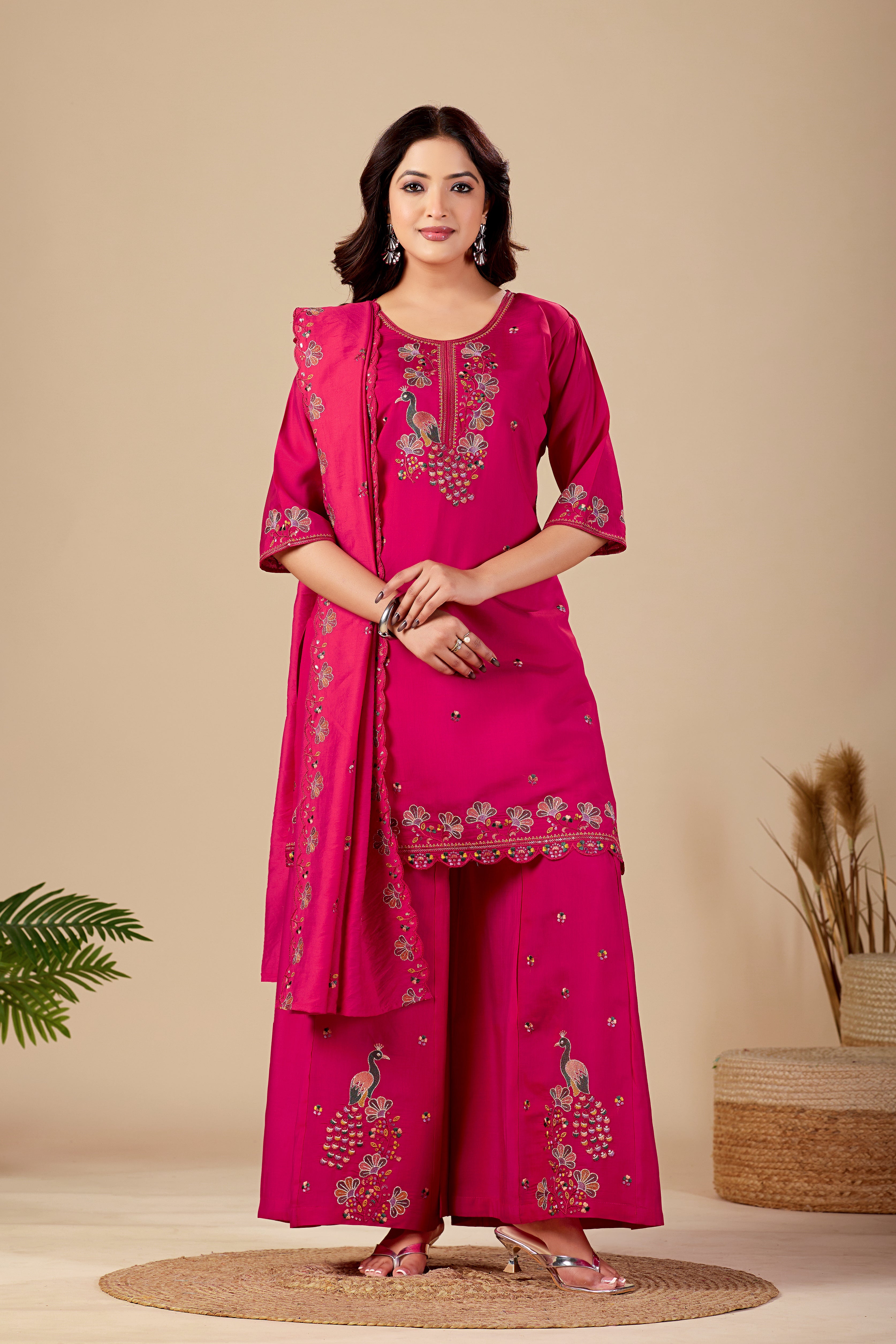 Rani Pink Peacock Embroidered Kurta Set with Dupatta for Women | Festive & Party Wear Ethnic Wear