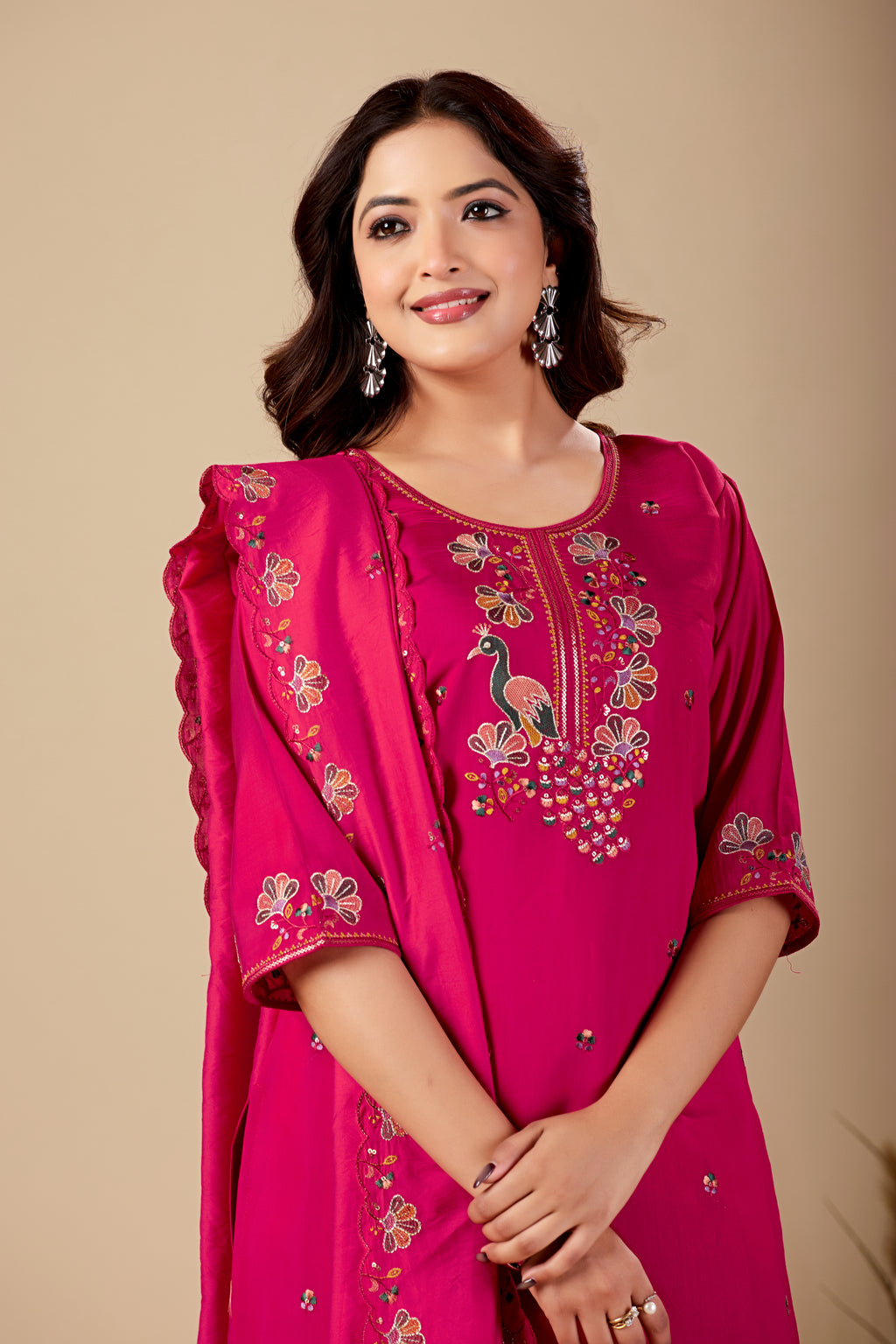 Rani Pink Peacock Embroidered Kurta Set with Dupatta for Women | Festive & Party Wear Ethnic Wear
